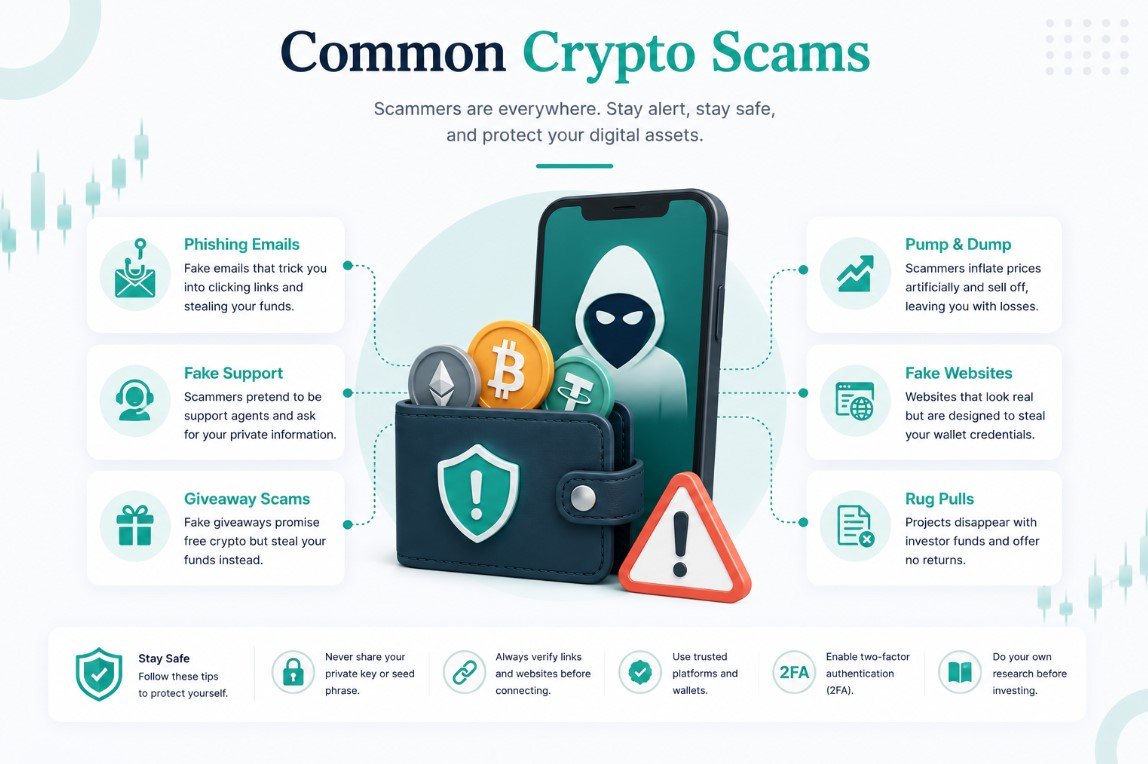 Common crypto scams illustration covering phishing emails, fake support, fake websites, pump and dump schemes, rug pulls, and giveaway scams