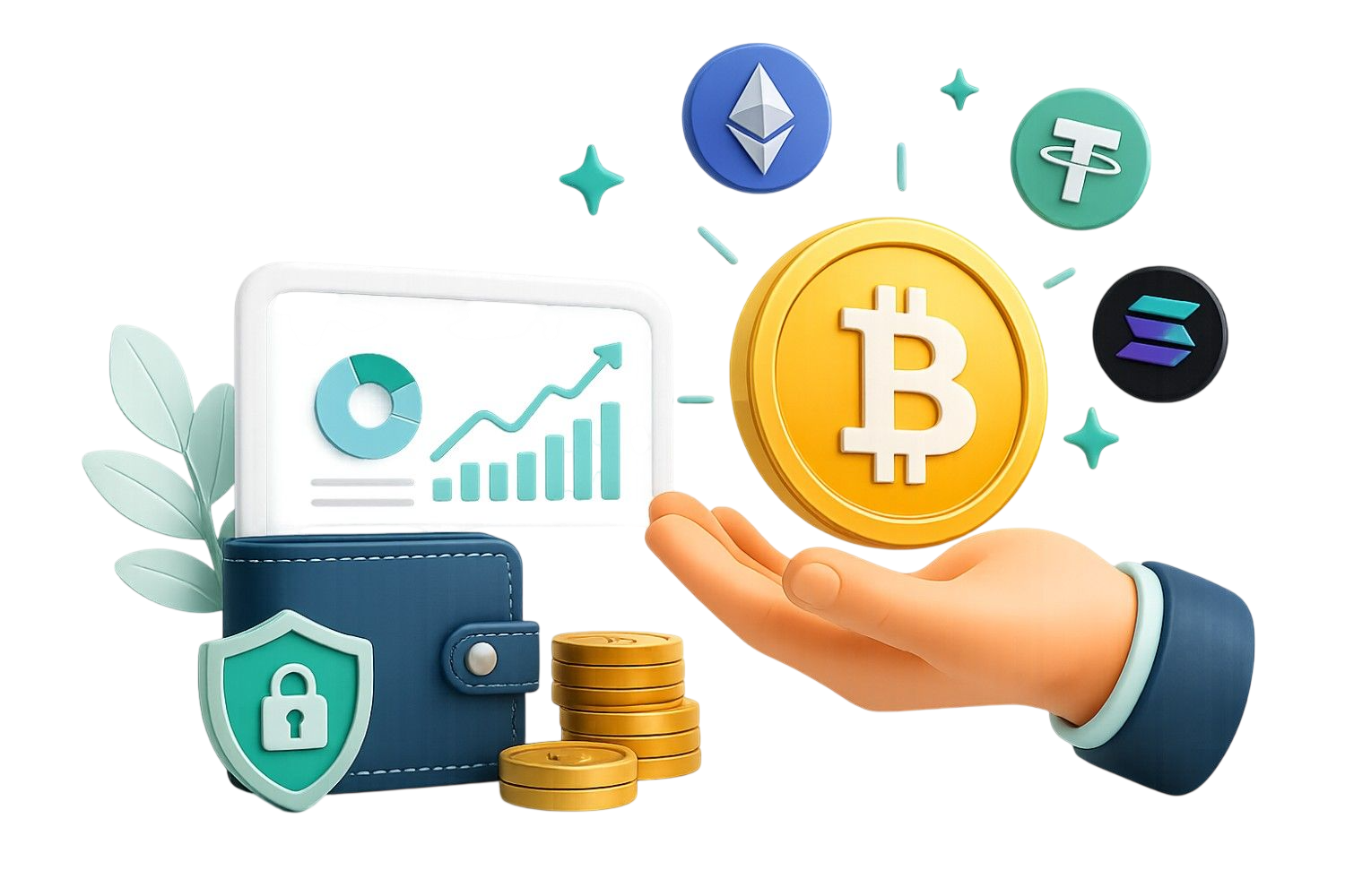 Crypto wallet, Bitcoin, and market chart illustration