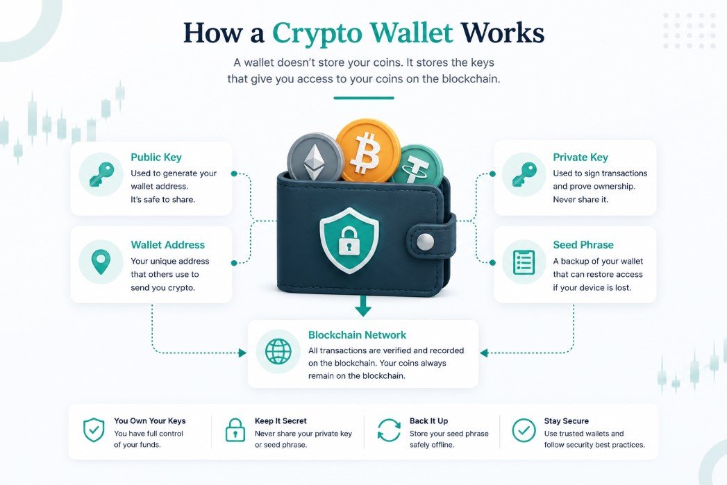 Diagram explaining how a crypto wallet works with public key, private key, wallet address, seed phrase, and blockchain network