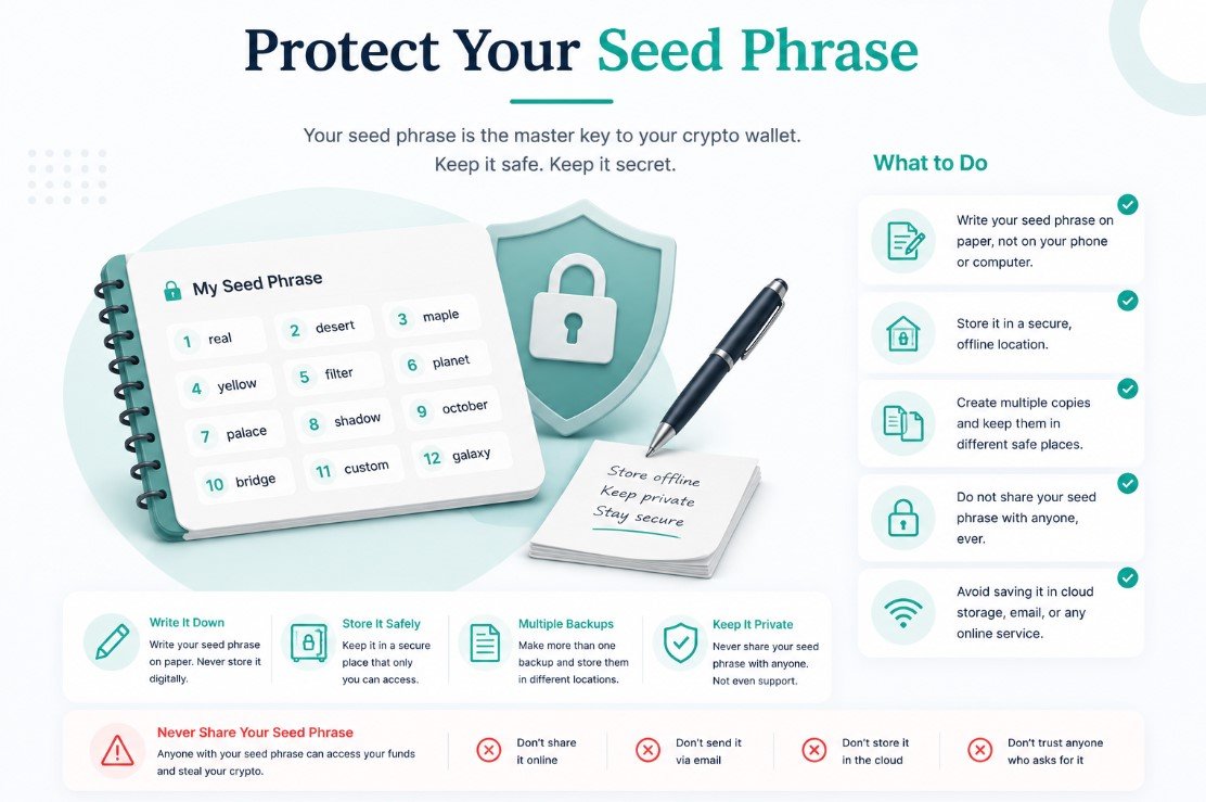 Seed phrase security illustration showing offline storage, paper backup, secure location, and never sharing the phrase