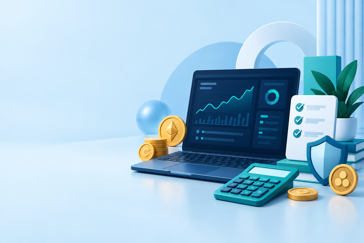 Crypto planning tools with a calculator, dashboard, checklist, and security shield