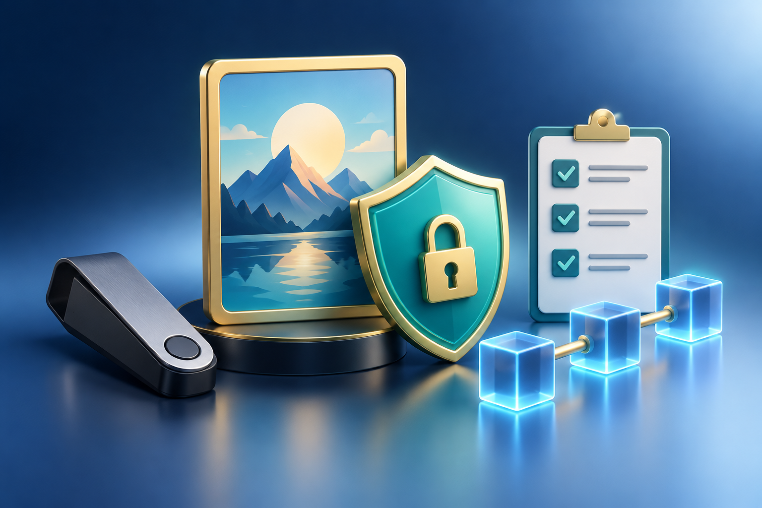 NFT artwork protected by a security shield, hardware wallet, checklist, and blockchain