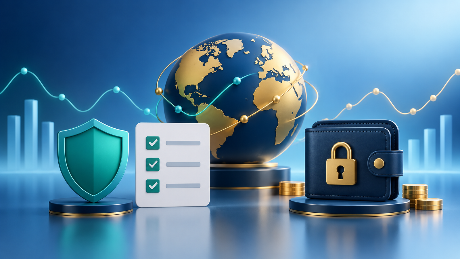 Illustration of a risk-management shield, checklist, protected wallet, and global market